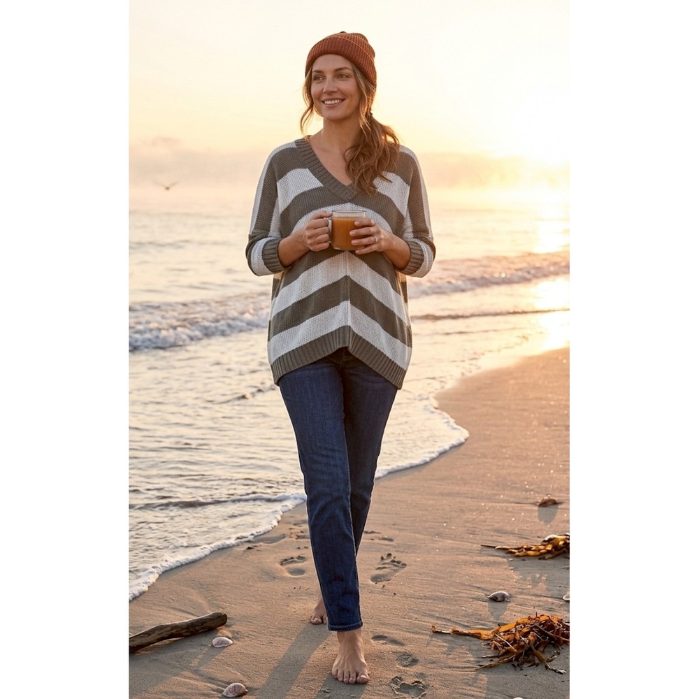 Autumn Cashmere Stripe Slouchy Open Knit Sweater Medium Coastal Nautical Beach